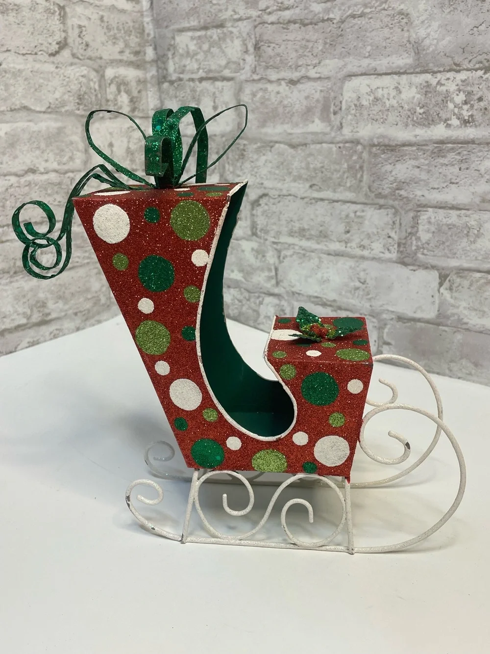 Vintage Pier 1 Christmas Glitter Polkadot Metal Sled Very Rare HTF 10” Decor